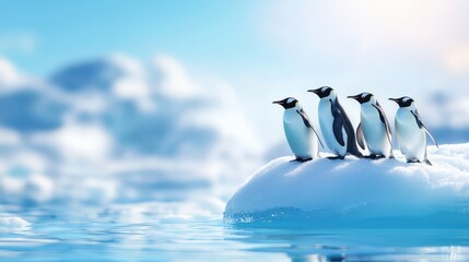 Obraz premium A group of penguins standing on ice near the ocean under a clear blue sky, showcasing the beauty of nature and wildlife in a cold habitat.
