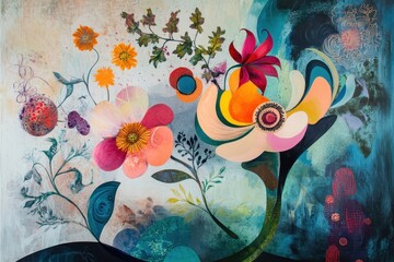 Abstract Floral Painting with Vibrant Colors and Organic Shapes