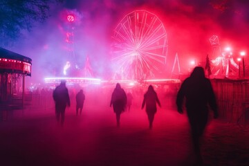 Naklejka premium Silhouettes of People Walking Through a Foggy Carnival at Night