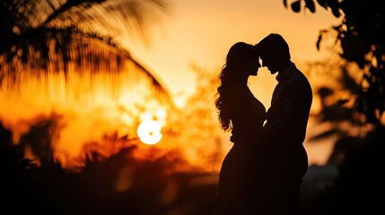 Serene Sunset Embrace: Silhouette of Loving Couple in Deep Connection at Dusk