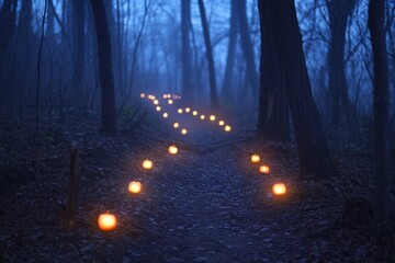 Obraz premium A Pathway of Light Through a Foggy Forest