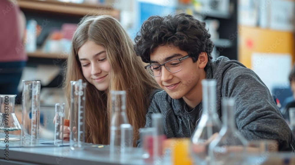 Aufkleber two students engaged in a science experiment with glassware in a classroom setting.