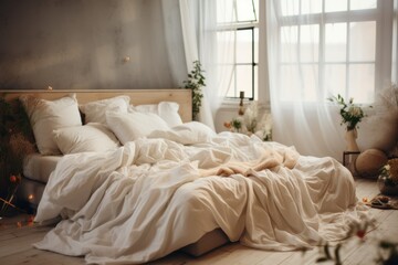 A serene bedroom scene with a luxurious, unmade bed bathed in natural light, evoking a sense of calm and comfort with soft, cozy textures in a minimalist setting.