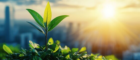 Obraz premium A young green plant seedling growing in an urban environment with a modern city skyline and a shining sun in the background.