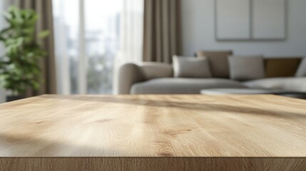 A wooden table in a modern living room with a cozy sofa and natural light.