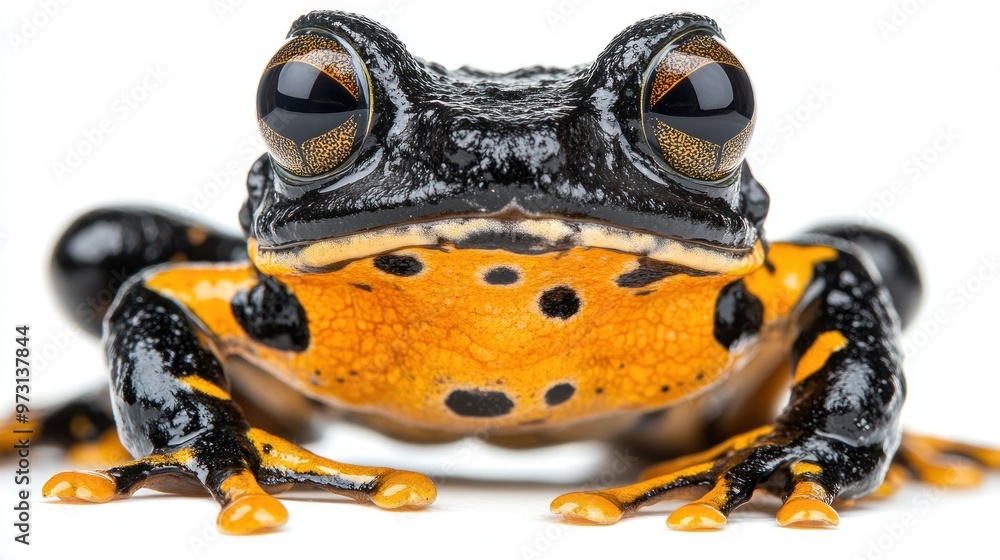 Poster a close-up of a vibrant black and orange frog, showcasing its unique patterns and features.