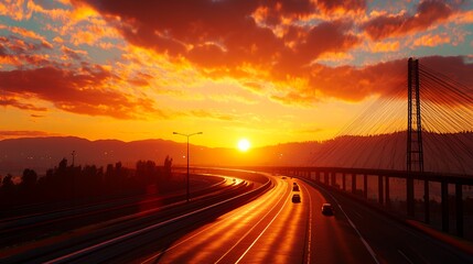 Obraz premium A scenic sunset over a highway bridge with cars driving across. The orange sky is filled with clouds, and the sun is setting behind the mountains in the distance.
