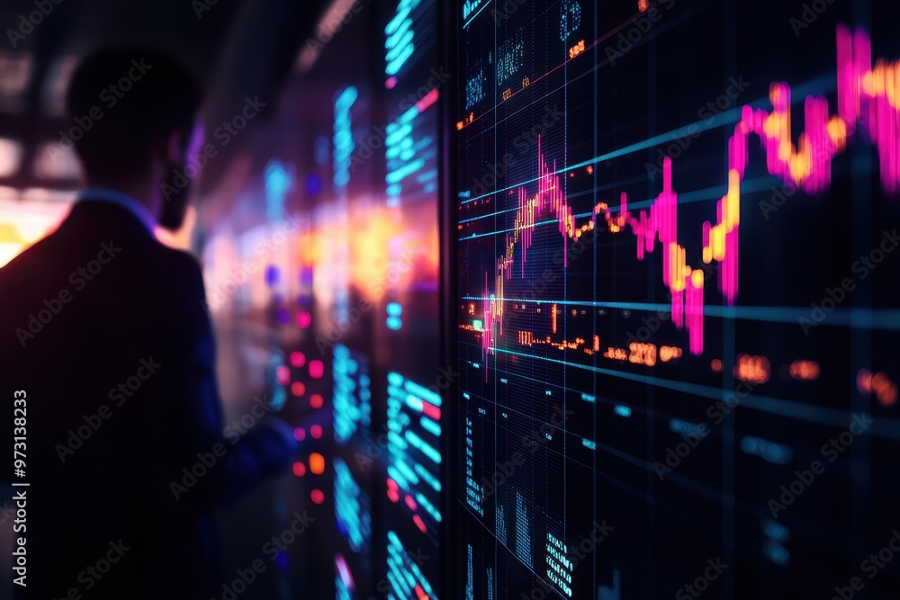 Aufkleber business person analyzing stock market data on digital screen with colorful financial graphs in mode