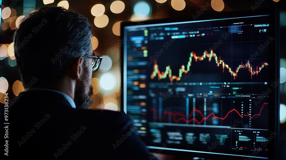 Poster Business professional analyzing stock market data on a computer screen, focusing on financial charts and graphs in a dimly lit office.
