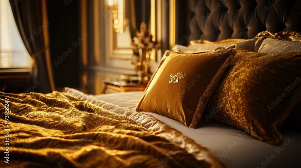 Canvas Prints Luxurious bedroom with golden bedding and decorative pillows.