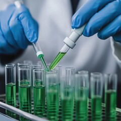 Fototapeta premium Close-up of scientist injecting a solution into bioengineered cells, high-tech laboratory setting random add