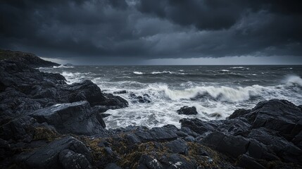 Obraz premium Moody Seascape: Dramatic Stormy Coastline with Jagged Rocks and Crashing Waves