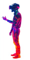 Individual experiencing VR in an abstract colored scene