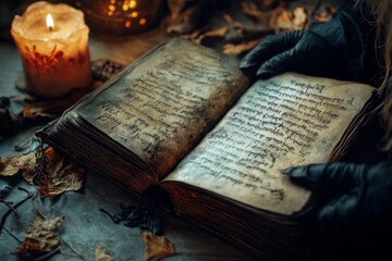 Obraz premium Gloved Hands Holding Open an Ancient Book Under Candlelight