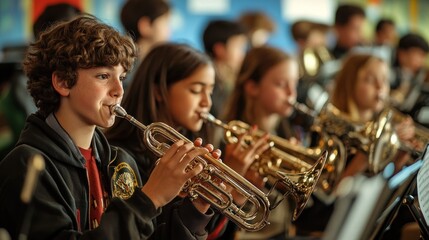 A group of young musicians playing brass instruments in a band setting.