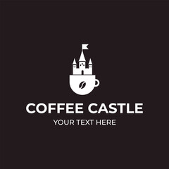 Vector Flat Black Coffee with Castle Logo Design Template on Brown Background. Drink Latte Logo Symbol.	