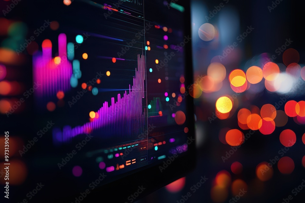 Poster close-up of colorful financial data charts on a monitor, with bokeh lights in the background, repres