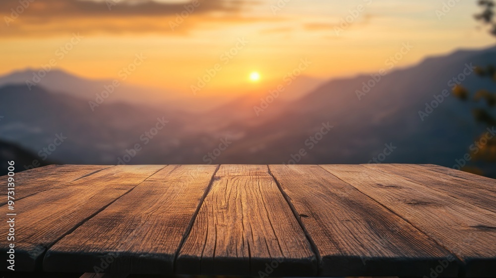 Poster A wooden table in front of a scenic sunset over mountains, creating a tranquil atmosphere.