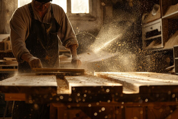 A man is working on a piece of wood with a saw, creating a lot of sawdust