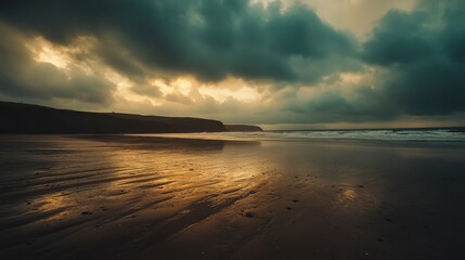 Moody Sunset on Desolate Beach with Heavy Clouds and Muted Light for Contemplative Vibes