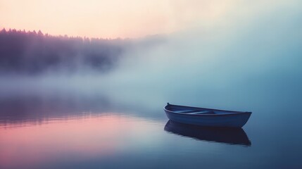 Tranquil Dawn: Boat Drifting on Foggy Lake, Moody Serenity