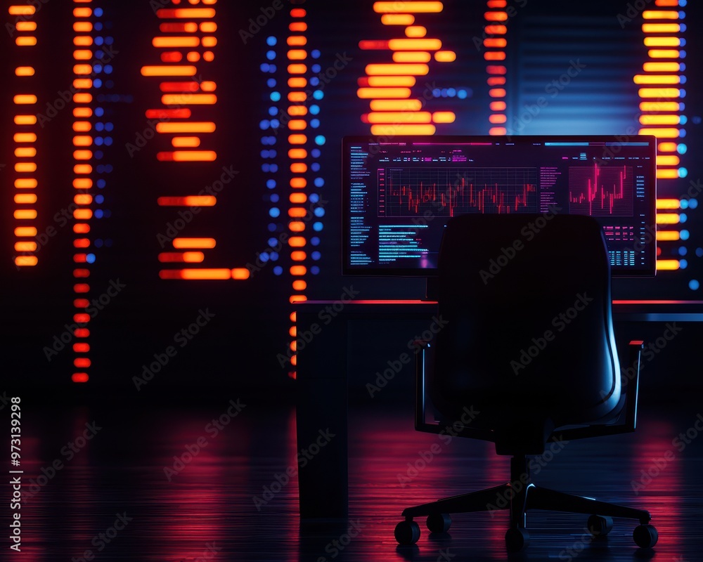 Aufkleber Dark trading room with illuminated computer screens displaying stock market data and charts in shades of red and blue at night.