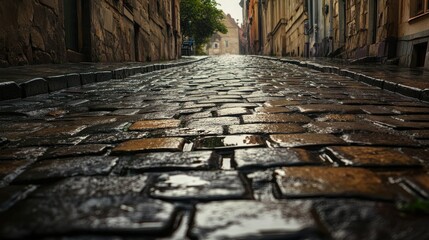 Moody Urban Scene: Ancient Cobblestone Street on Rainy Day