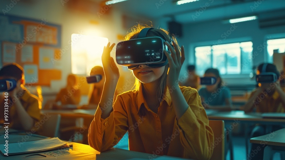 Poster students engaged in virtual reality learning in a classroom setting.