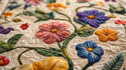 Colorful Floral Quilt with Intricate Embroidery Design