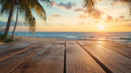 A serene beach sunset view with a wooden table in the foreground.