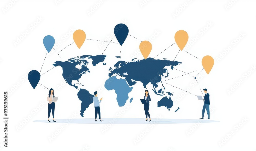 Poster global network concept illustration with people and world map, connection points in blue and yellow,