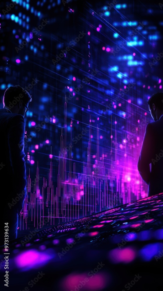 Leinwandbilder futuristic technology interface with people silhouettes and neon lights, representing data science a