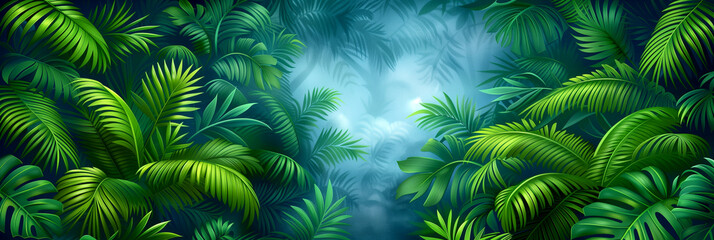 A lush green jungle with a blue sky in the background. The trees are tall and full of leaves, creating a sense of depth and mystery