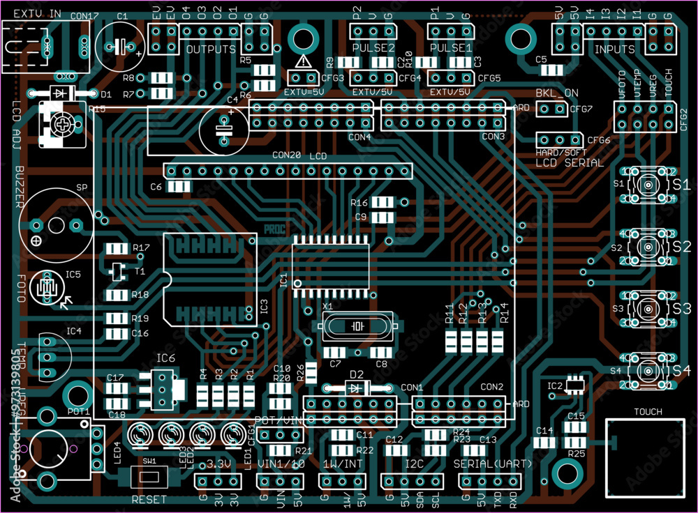 Poster vector printed circuit board of electronic device with components of radio elements, conductors and 