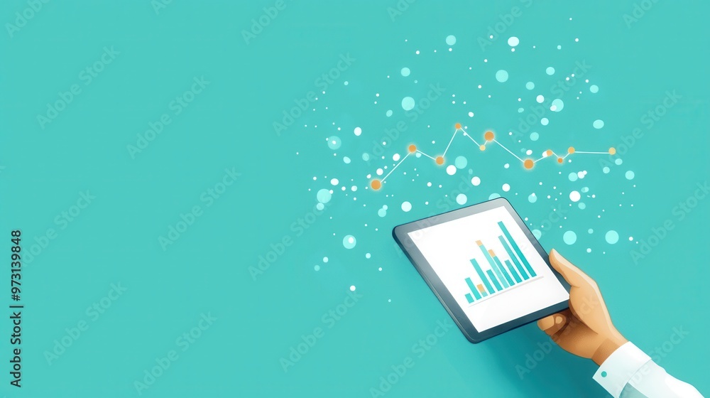Poster hand holding tablet with digital data graph on turquoise background, representing analytics, technol