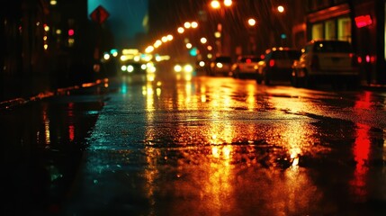 Moody Urban Night: Rain-soaked City Street Glowing with Streetlights Reflections