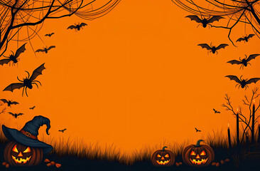 A lively and colorful Halloween scene showcasing pumpkins, bats, and candles arranged on a bright orange background