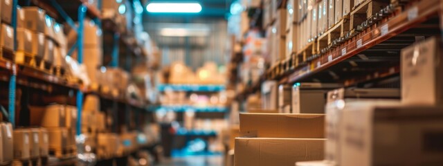 Obraz premium Warehouse Shelves Filled with Boxes in a Distribution Center
