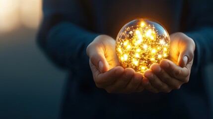 Hands holding a glowing light ball, symbolizing energy, inspiration, and creativity. Ideal for concepts of innovation and mystical themes.