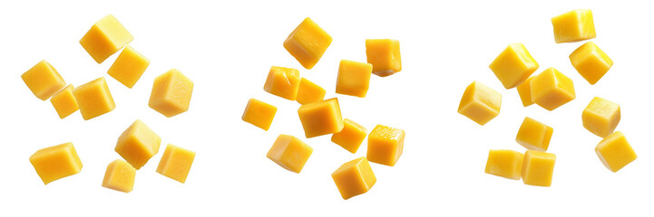 Set of a Mango cubes floating in the air, isolated on a transparent background.