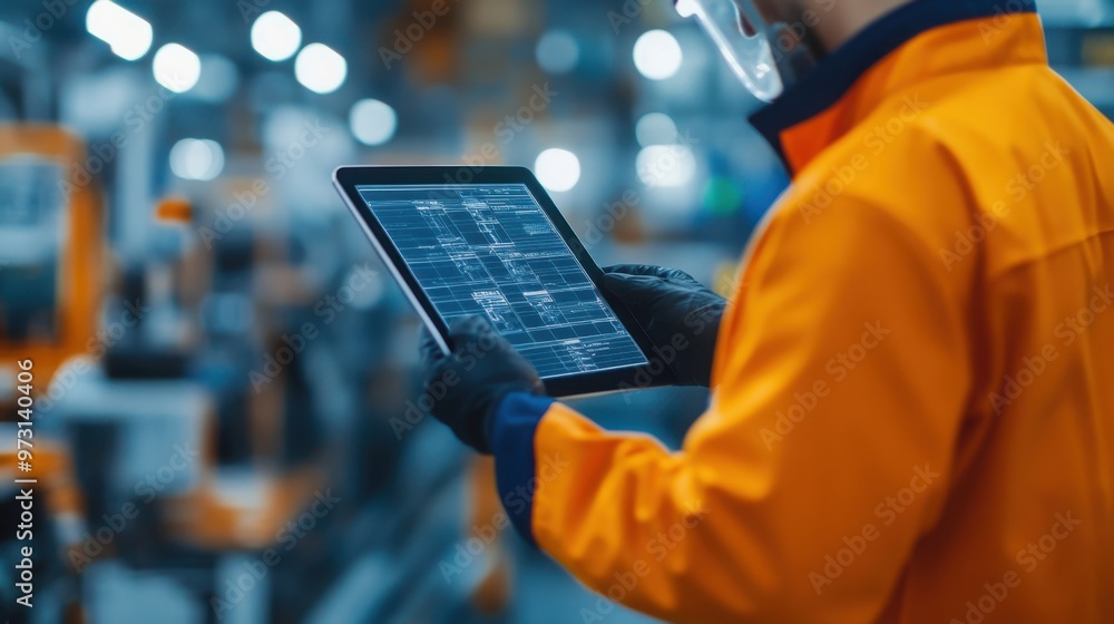 Aufkleber inspector using digital tools to check product measurements on a factory floor, measurement accuracy