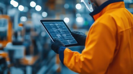 Inspector using digital tools to check product measurements on a factory floor, measurement accuracy, high-tech quality control