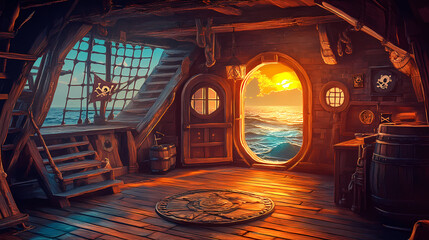 Naklejka premium Deck of a pirate ship with a door to the captain's quarters and stairs leading to the galley,. generative ai. Pirate Ship. Illustration