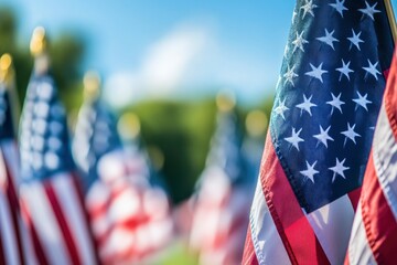 CloseUp of American Flags with Blue Sky Background Patriotic Symbolism with generative ai
