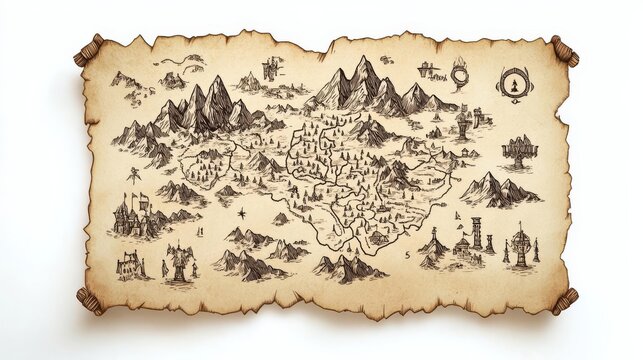 Vintage fantasy treasure map with detailed illustrations of mountains, forests, and castles on weathered parchment background.