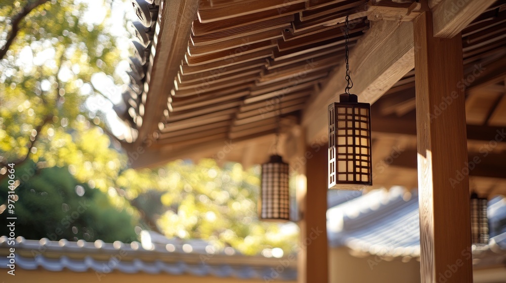 Poster A serene view of traditional lanterns hanging under a wooden structure in a tranquil setting.
