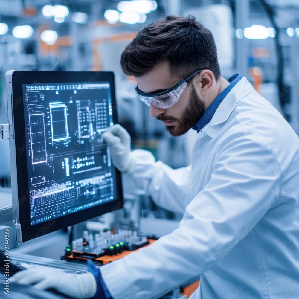 Aufkleber engineer analyzing ev car battery performance on a digital interface, high-tech lab environment