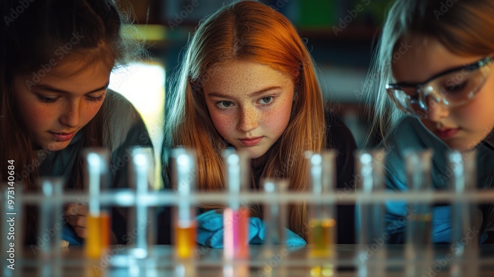 Poster Three young girls conducting an experiment with colorful liquids in a science lab.