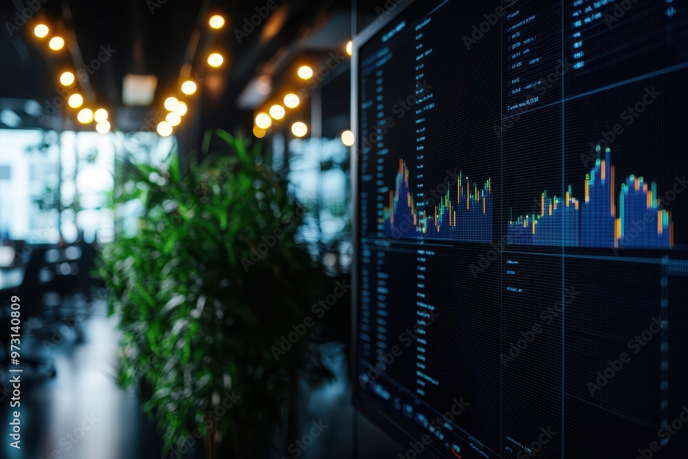 Aufkleber modern office with stock market charts displayed on monitors, representing financial data and analys