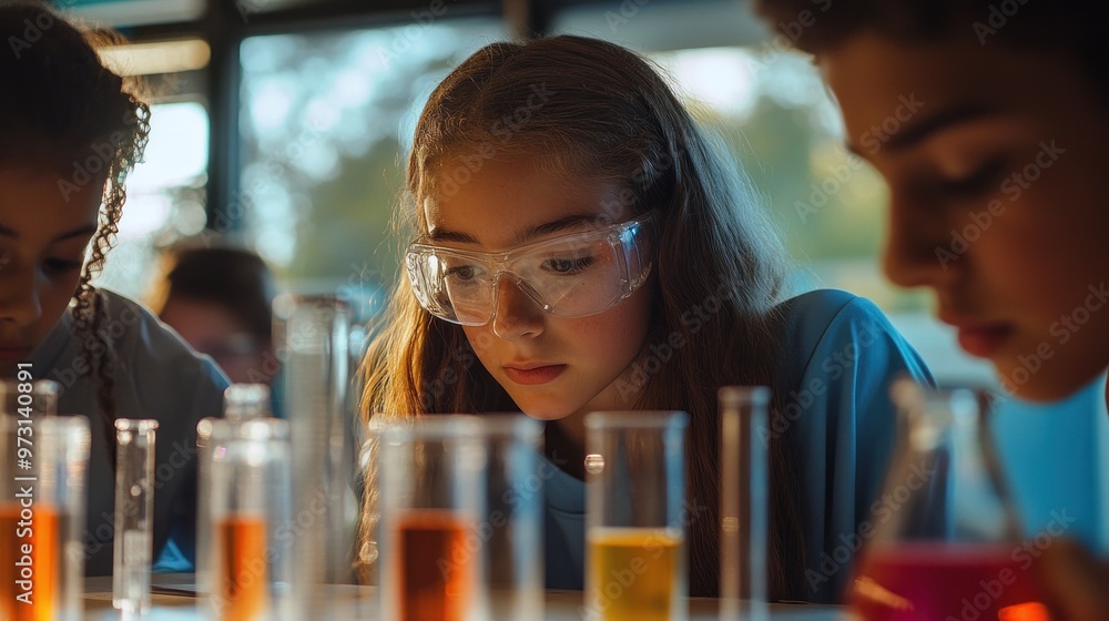 Poster a group of students conducting experiments in a science class with colorful liquids in beakers.